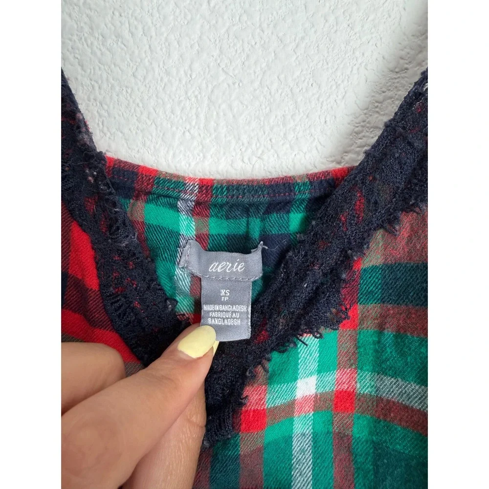 Aerie Plaid Flannel Nightie Red Green Lace Trim Holiday‎ Slip Dress XS